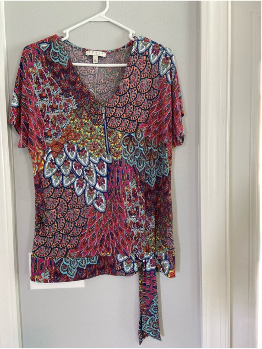 Chaus Multicolor Paisley Print Short Sleeve Blouse - Pink, Blue, Red
